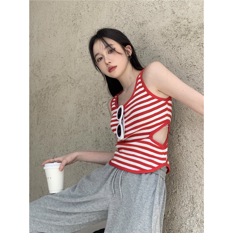 HUANG YOYO Áo Croptop Dệt Kim Sát Nách Cổ Chữ U Họa Tiết Kẻ Sọc Thời Trang Hàn Quốc 2023 Cho Nữ