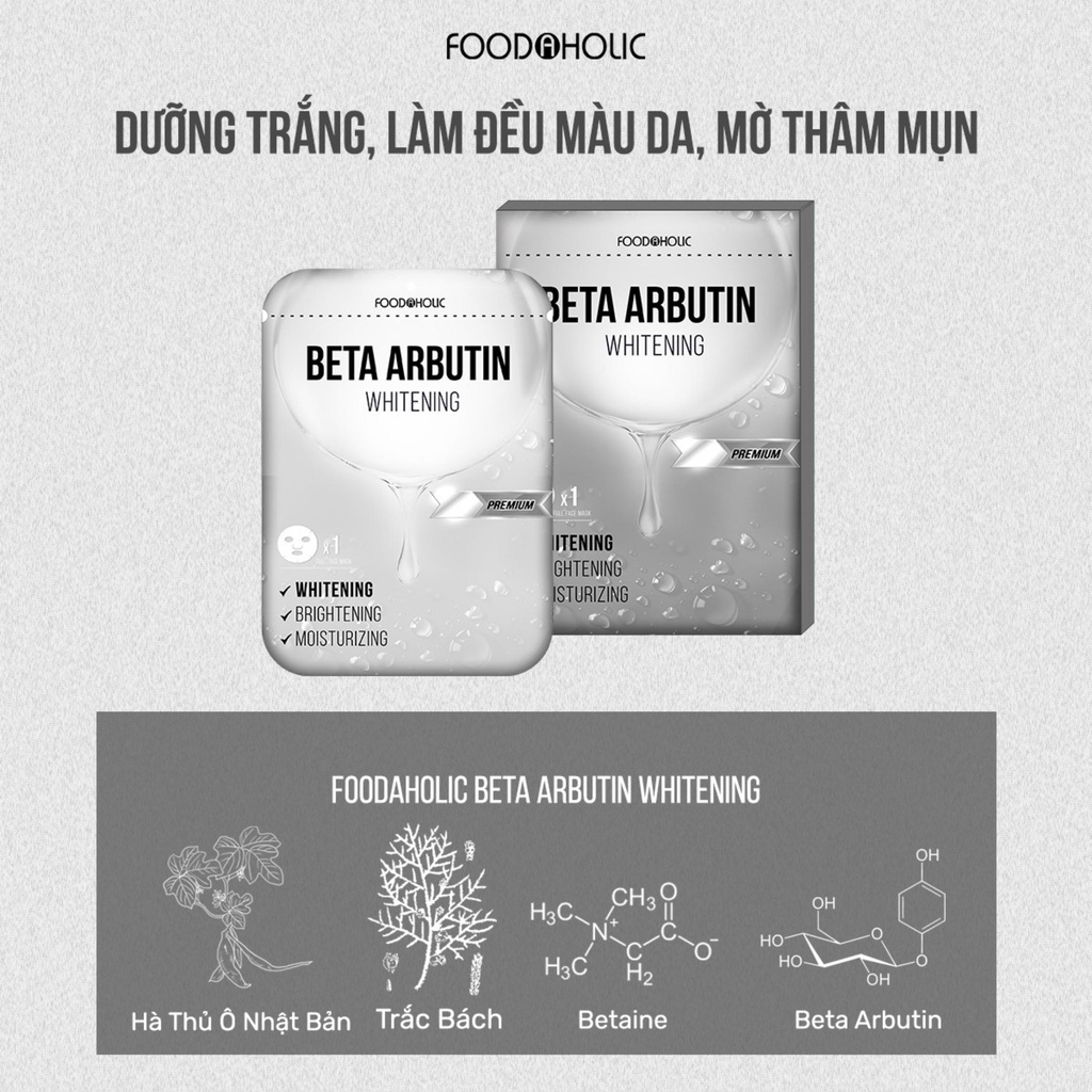Hộp 10 miếng Mặt Nạ Foodaholic Beta Arbutin Whitening Mask Dưỡng Trắng Đều Màu Da 23ml
