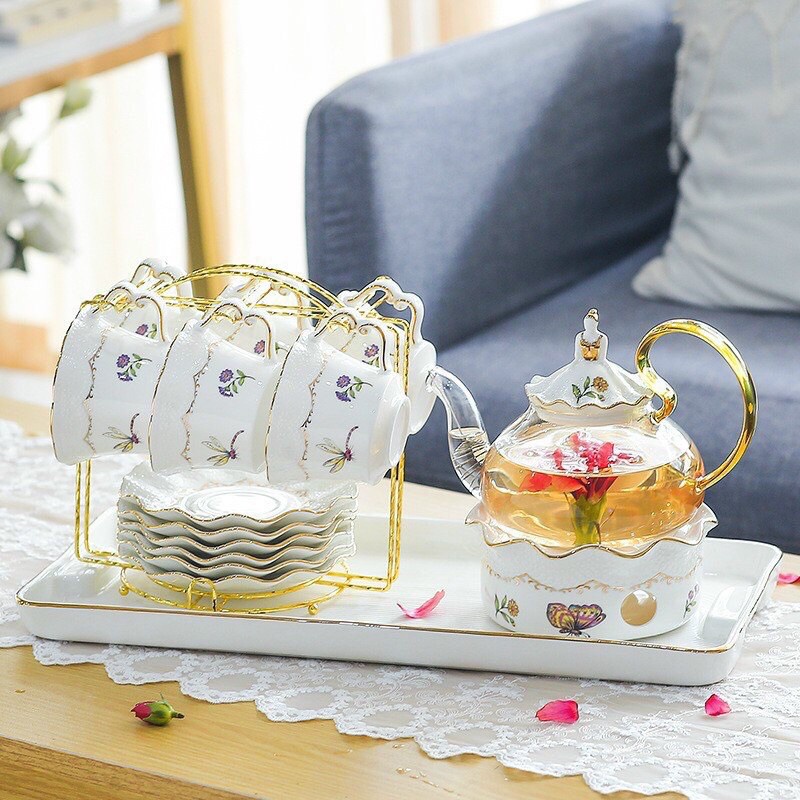 Bộ ấm trà cao cấp kèm bếp đun nến sang trọng kiểu dáng Châu Âu