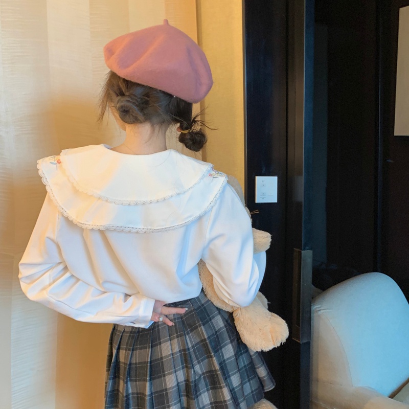 Áo sơ mi SUXI tay dài cổ búp bê thêu hoa đơn giản xinh xắn dễ phối đồ cho nữ