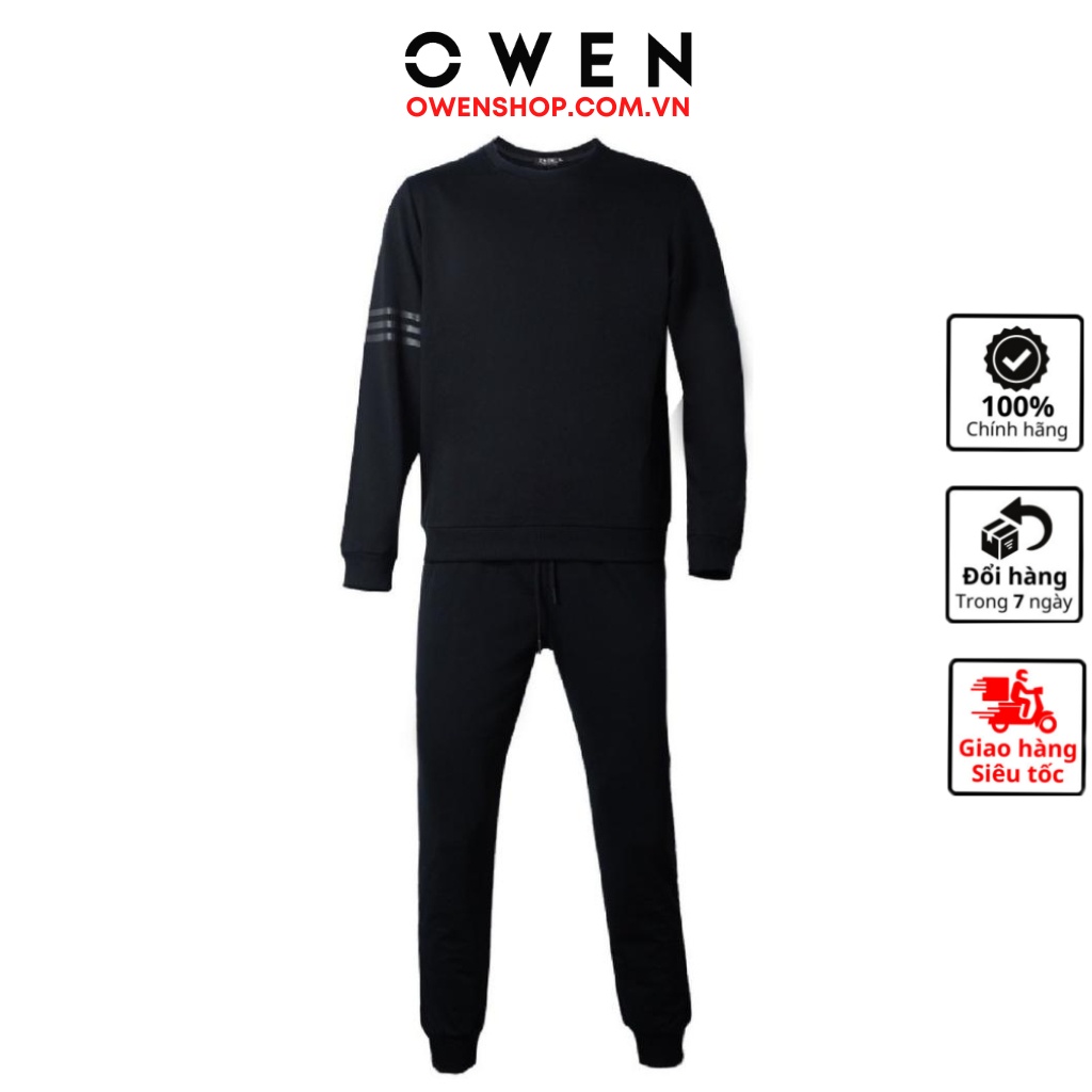 Bộ đồ đồ thu đông nam OWEN BMN221172 mặc nhà màu đen trơn vải cvc spandex dáng suông áo dài tay cổ tròn quần cạp chun b