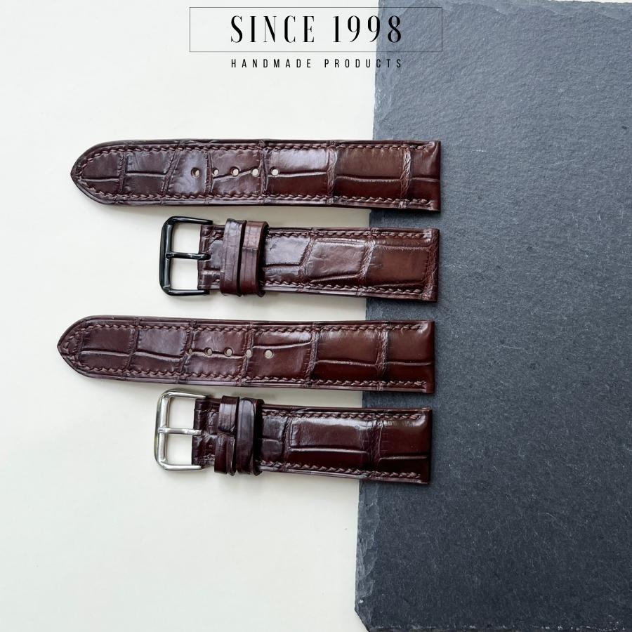 Dây Đồng Hồ Da Cá Sấu Nam 20mm 22mm, Da Thật, Handmade, Chống Nước, Chính Hãng, Màu Nâu, Bảo Hành 12 Tháng