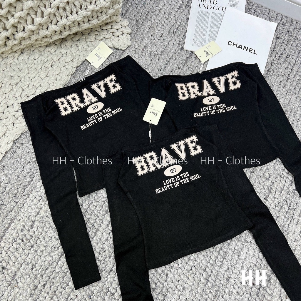áo croptop tay dài trễ vai in chữ brave chất thun bozip mềm