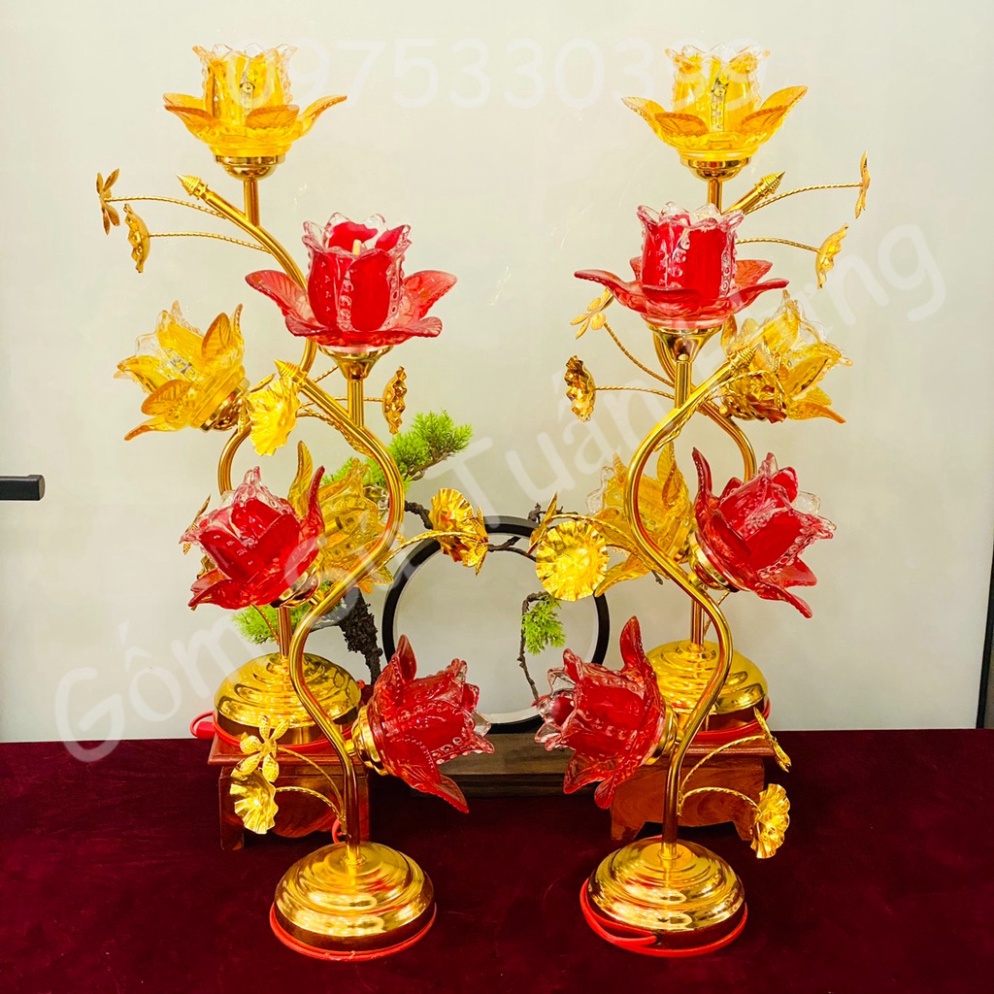 Đèn thờ hoa sen bông thủy tinh ánh sáng vàng, đèn thờ thủy tinh ba bông