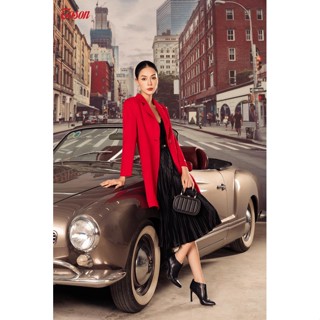 Áo dạ lông cừu đỏ dáng dài, cổ K túi, cửa túi cắt lượn (Limitted) Toson 99233D32