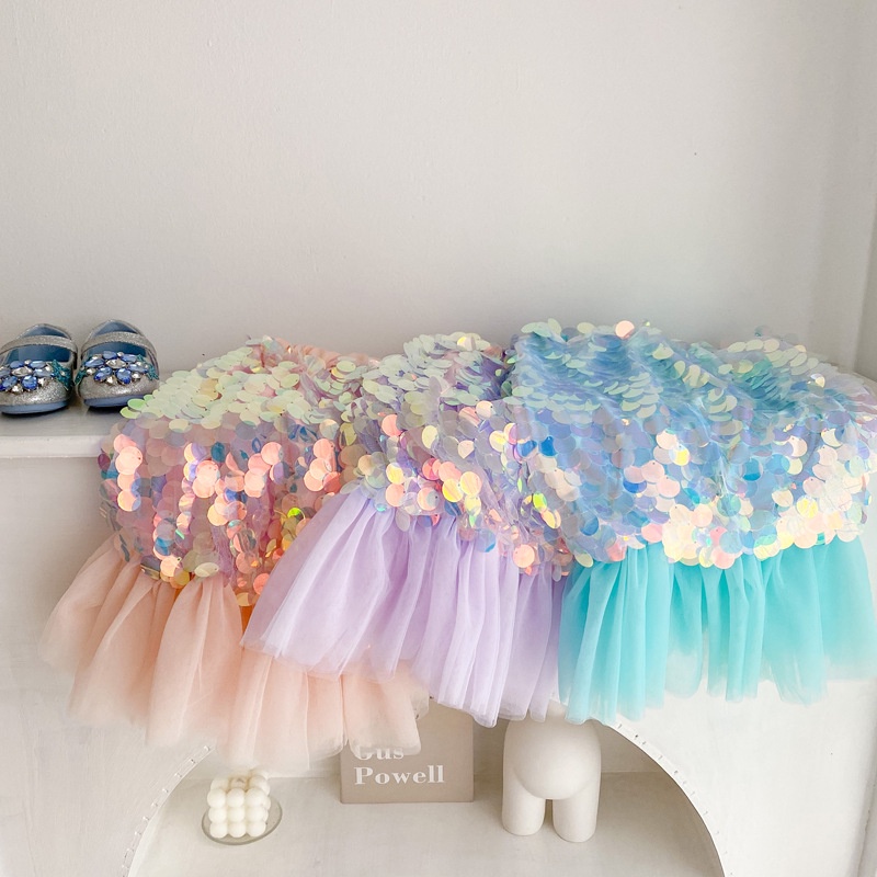 Bộ Váy Hóa Trang Nàng Tiên Cá Đính Sequin Lấp Lánh Dành Cho Bé Gái 1-8 Tuổi