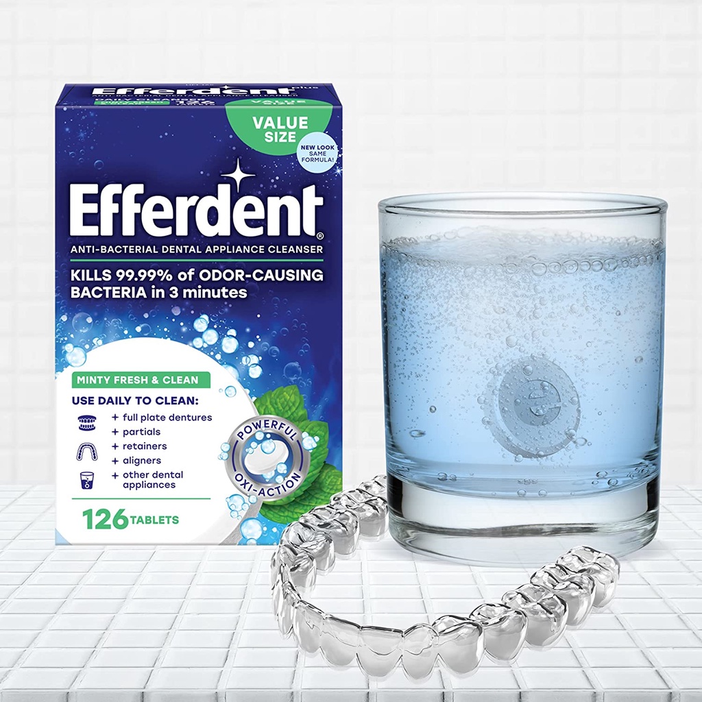 Efferdent Fresh & Clean Viên sủi làm sạch và vệ sinh hàm giả răng giả hàm tháo lắp, khay chỉnh nha 126 viên