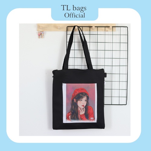 Túi tote, túi vải đeo vai, đi học đi chơi tiện lợi, màu đen dáng vuông, khóa kéo ngăn chính, in hình bên ngoài cute | BigBuy360 - bigbuy360.vn