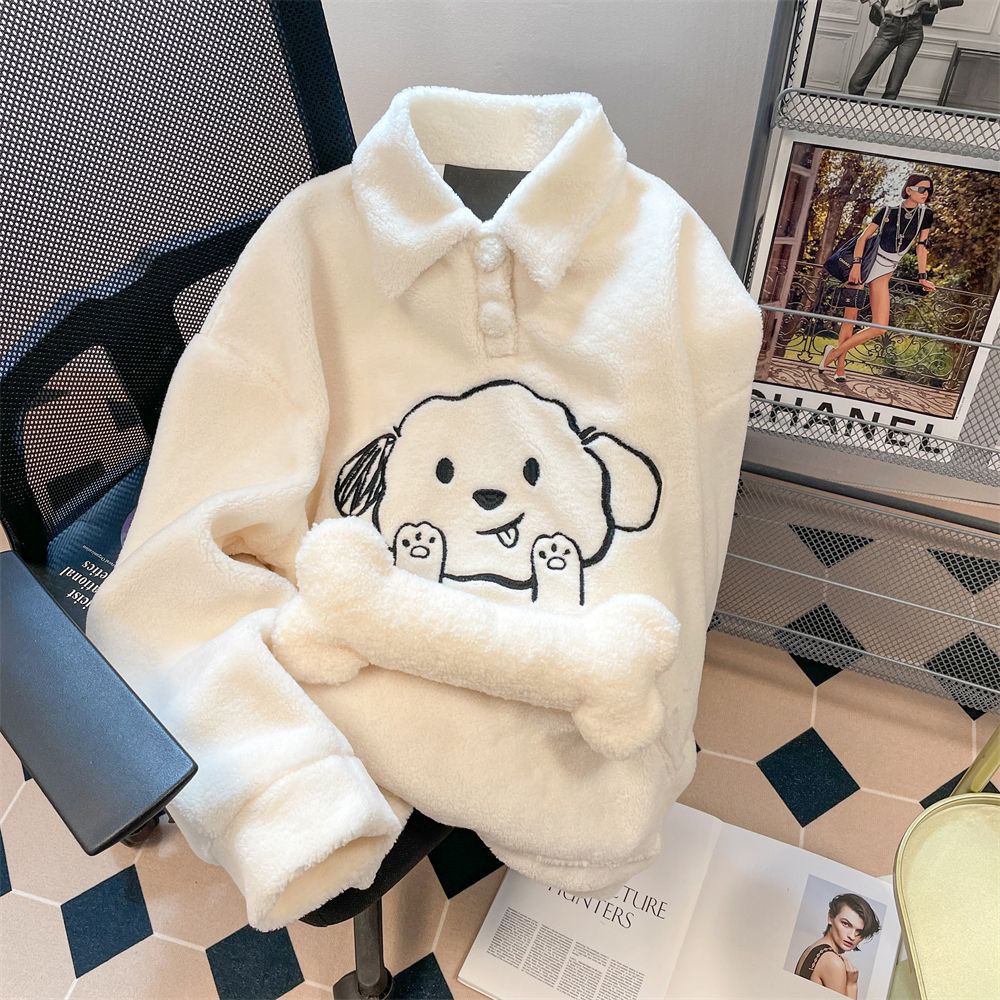 👗Trang phục Junyi💗Áo Sweater Lông Cừu Dày Dặn Cổ polo Thêu Hình Chú Cún Dễ Thương Thời Trang Thu Đông Cho Nữ