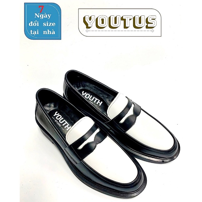 Giày da cao cấp da bò nhập khẩu, đế đúc cao 4.8cm,2 màu trắng,đen Penny Loafer Black,YOUTUS