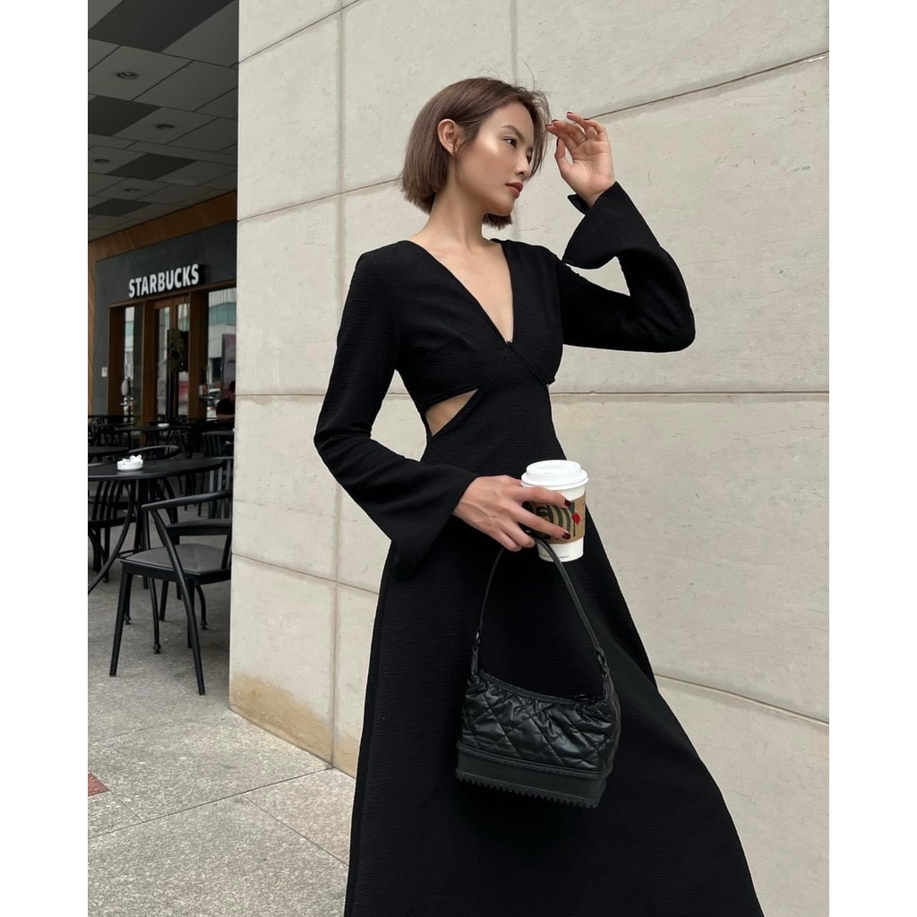 Váy Cổ V Khoét Eo, Đầm Body Tay Dài Cut Out, Váy Maxi Midi Dáng Dài Khoét Eo Màu Đen - Do Do Dress
