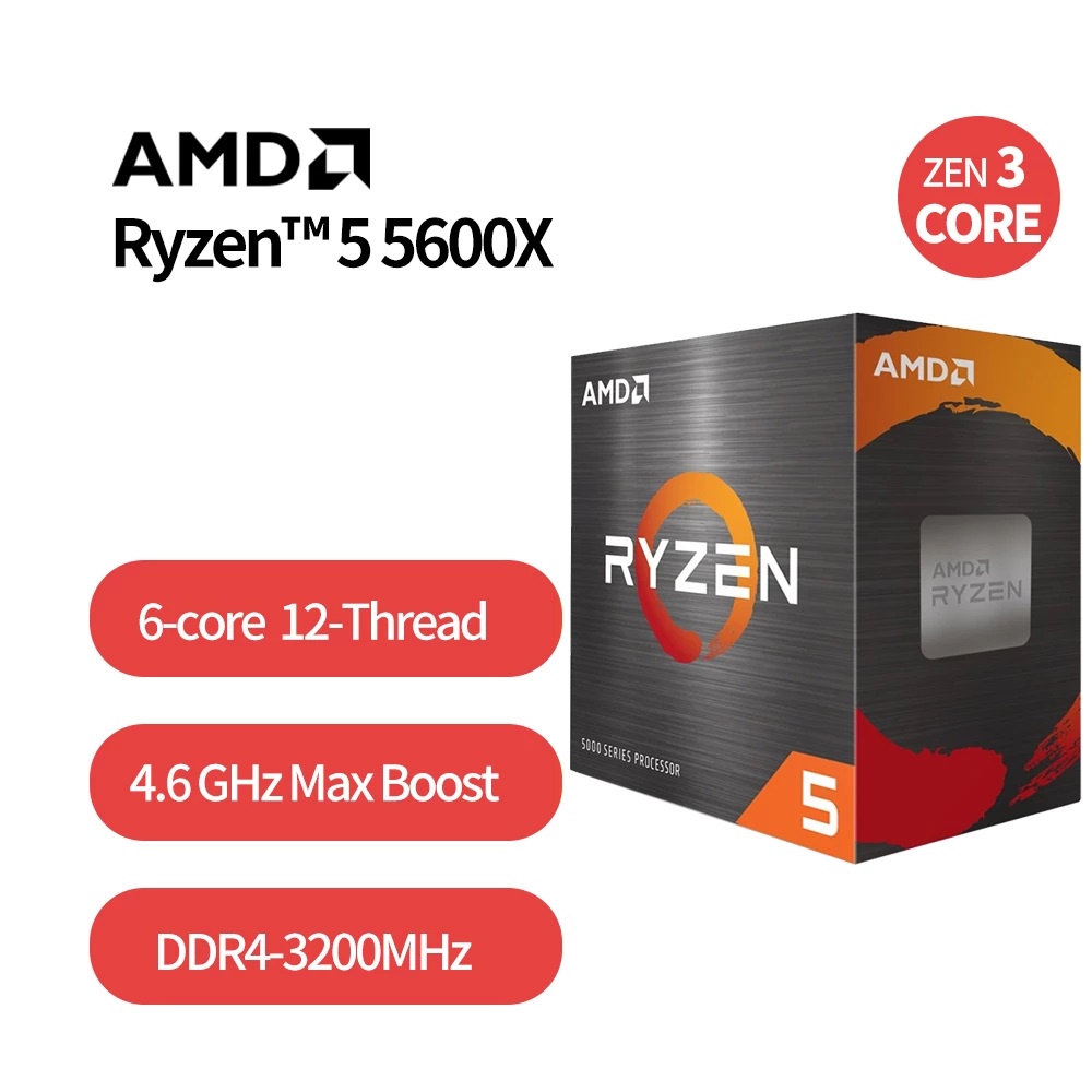 CPU AMD RYZEN 5 5600X (3.7GHz Up to 4.6GHz, AM4, 6 Cores 12 Threads)