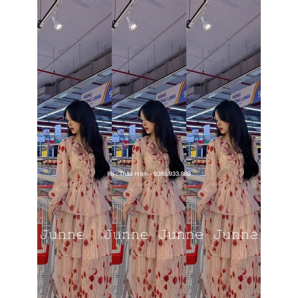 Váy voan hoa đỏ dập ly