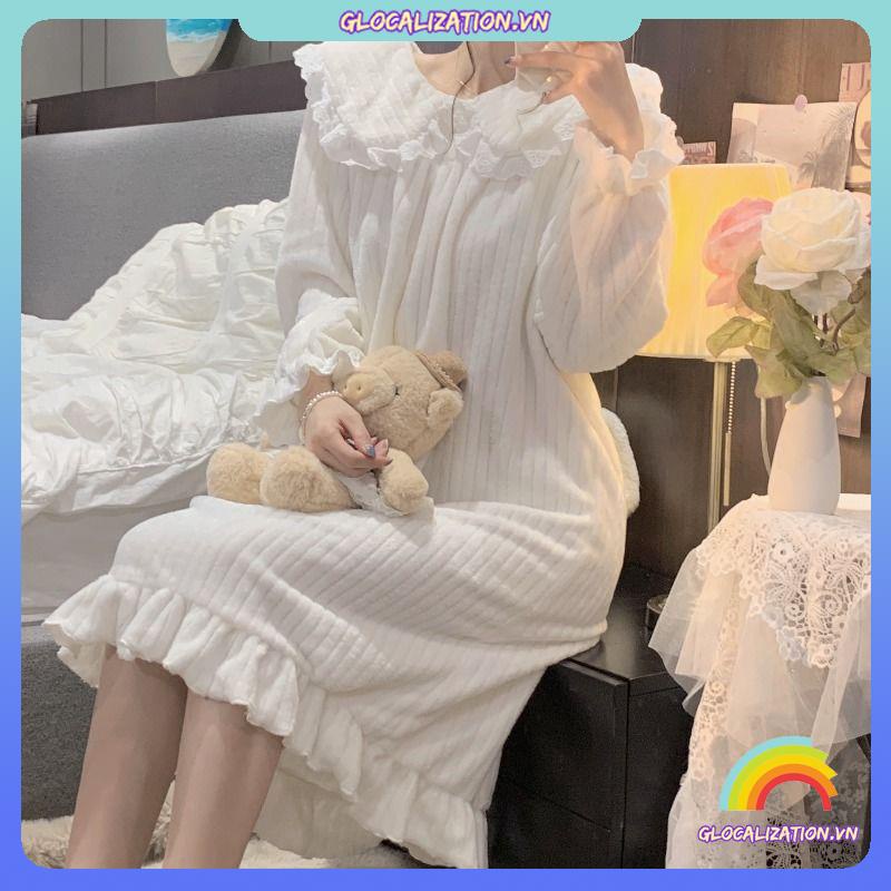 Váy ngủ dài tay phong cách công chúa nhung san hô dày dặn