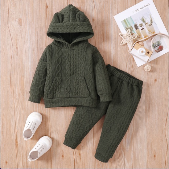 Set Đồ 2 Món Gồm Áo Tay Dài Có Nón Trùm Đầu Và Quần Cotton Giữ Ấm Mùa Thu Đông Cho Bé Trai /