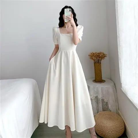 Đầm Trắng Tay Phồng Cổ Vuông Dáng Dài Qua Gối Thời Trang Trẻ Trung Cho Nữ