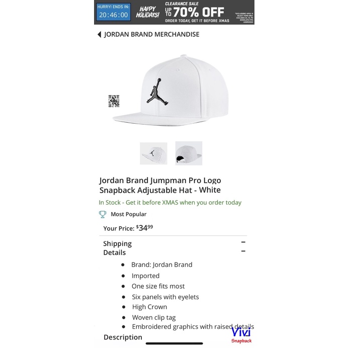 Nón snapback Jordan Juman màu trắng ,Mũ Jordan Pro Jumpman Snapback White Hat,Jordan thời trang thể thao