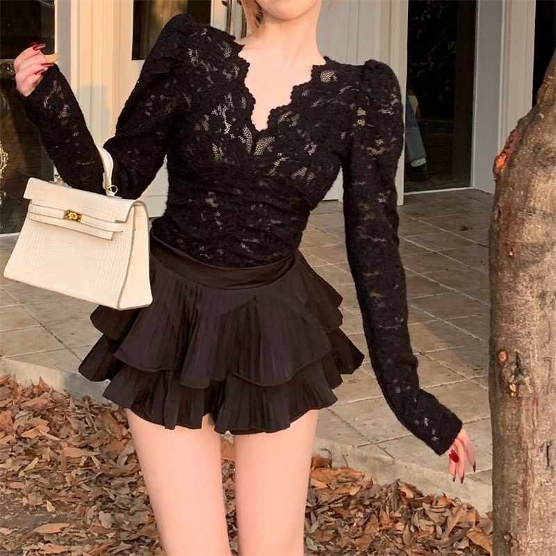 Áo ren ZHELIHANGFEI tay dài cổ chữ V lưng cao thời trang quyến rũ cho nữ