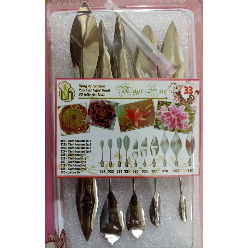 Dụng cụ làm thạch rau câu 3D inox 304 Ngọc Huệ hoa sen đá, lily (bộ 10 kim số 33)