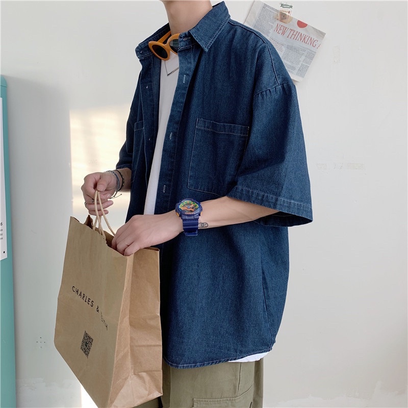 Áo sơ mi jean nam nữ form rộng tay lỡ phong cách Hàn Quốc 2023