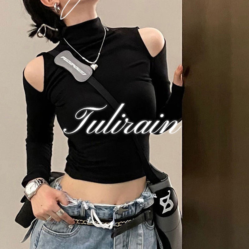 Tulirain Áo Thun Tay Dài Cổ Cao Hở Vai Thời Trang Thu Đông Dành Cho Nữ