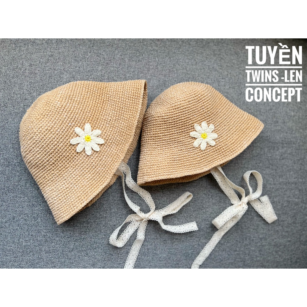 Nón len handmade - hoa cúc họa mi trang trí - có quai nón bằng ren siêu xinh