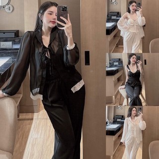 Đồ bộ nữ tiểu thư, đồ ngủ lụa latin phối áo khoác voan, set 3 món, xưởng may đo thiết kế