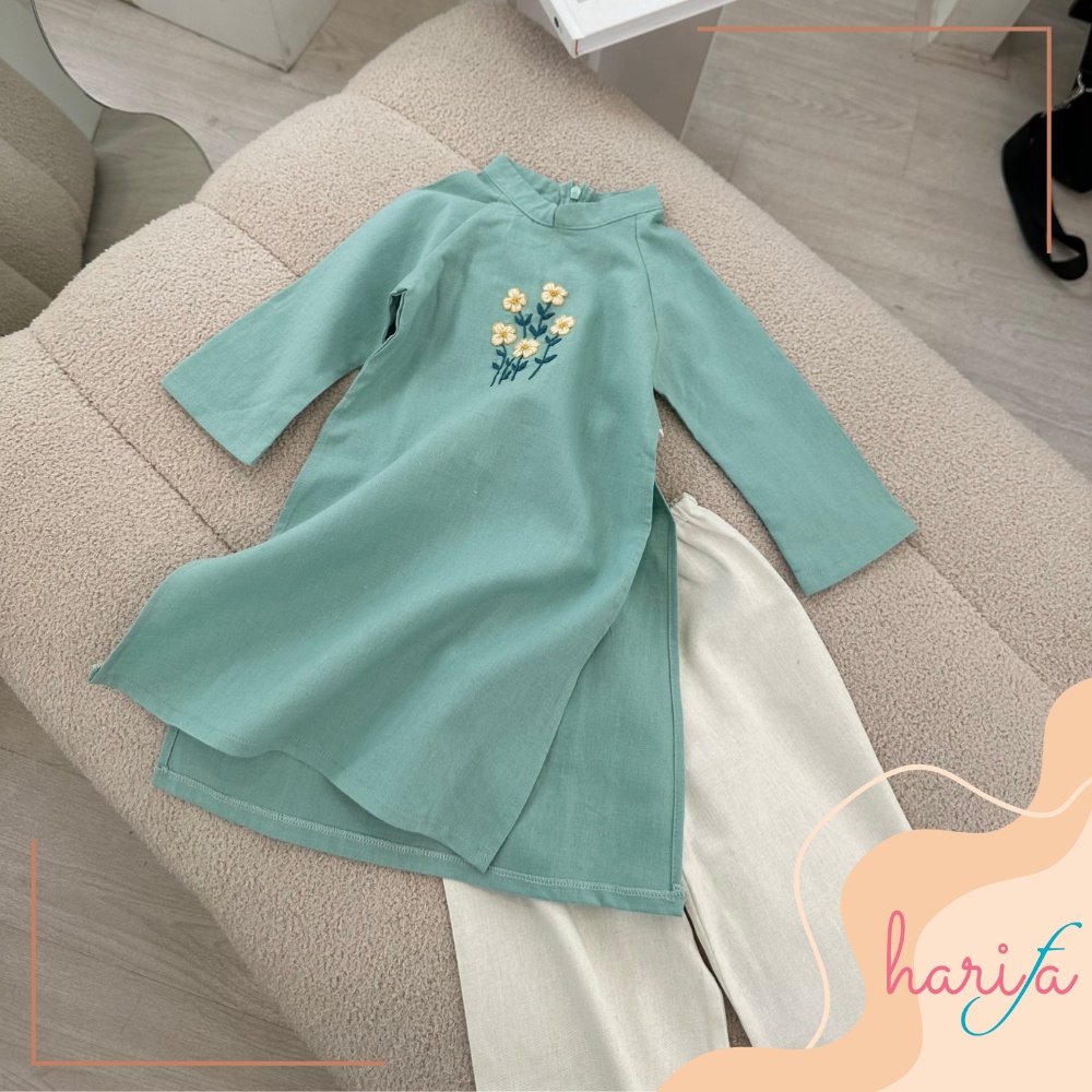 BADT010 Áo dài bé gái - chất liệu linen thêu tay - họa tiết hoa - 1-6 tuổi