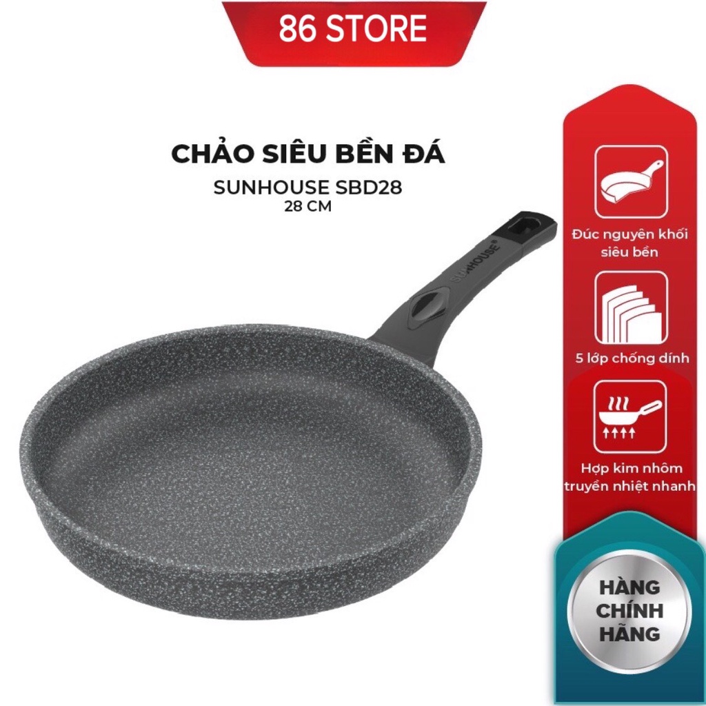 Chảo Siêu Bền Đá SUNHOUSE SBD18 / SBD20 / SBD24 / SBD26 / SBD28 / SBD30 Hợp Kim Nhôm 3 Lớp Chống Dính Tráng Vân Đá