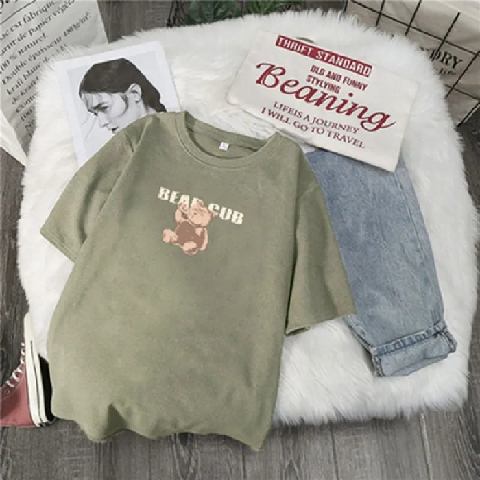 Áo thun SUXI tay ngắn dáng rộng dày dặn in họa tiết chú gấu dễ thương thời trang thu đông cho nữ