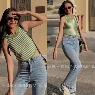Áo ba lỗ len kẻ croptop vạt tròn dễ phối đồ freesize Pumi