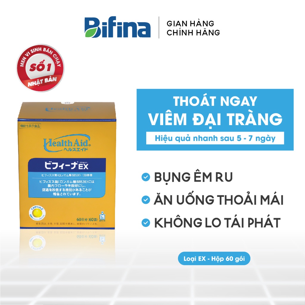 Men vi sinh Bifina Nhật Bản- Hỗ trợ tiêu hóa, giảm nguy cơ viêm đại tràng- Loại EX hộp 60 gói