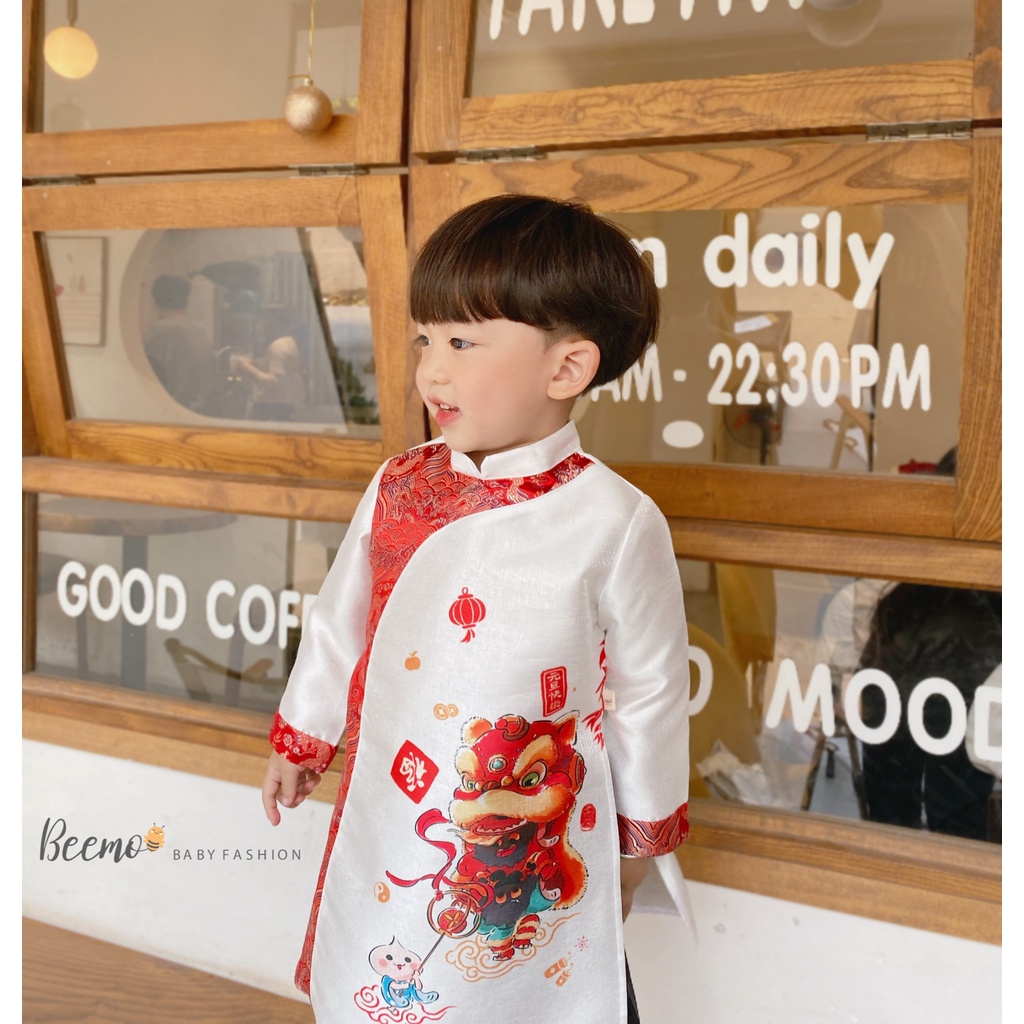 Set bộ áo dài Beemo cách tân in hình múa sư rồng chất liệu tafta mặc đi lễ Tết, sự kiện cho bé từ 1 đến 7 tuổi - 22337D
