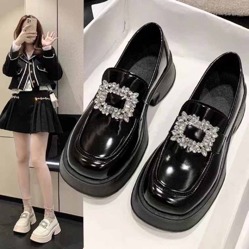 Giày Da Bít Mũi Đế Dày Tăng Chiều Cao Đính Đá Phong Cách Anh Quốc Thời Trang Cho Nữ
