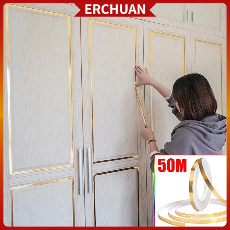 Cuộn dây dán viền trang trí tủ quần áo/ tường chống thấm nước dài 50m màu vàng/ bạc tùy chọn