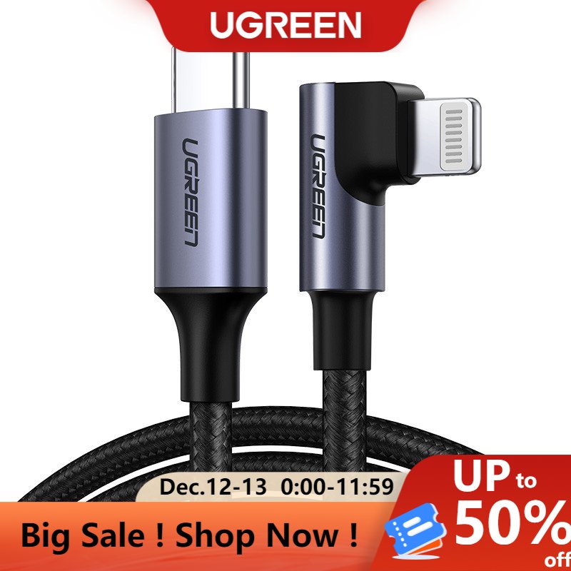 Dây cáp UGREEN bện nylon dạng góc 90 độ MFI cổng USB-C sang Lightning tùy chọn kích thước