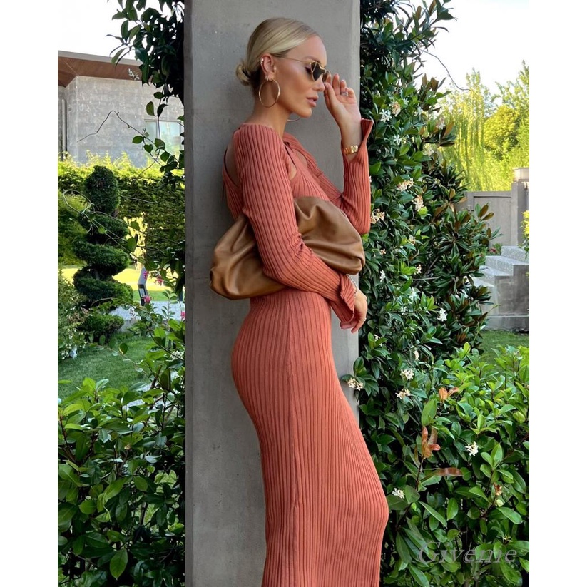 Đầm Dệt Kim Dài Tay Cổ Tròn Màu Trơn Thời Trang Nữ Tính