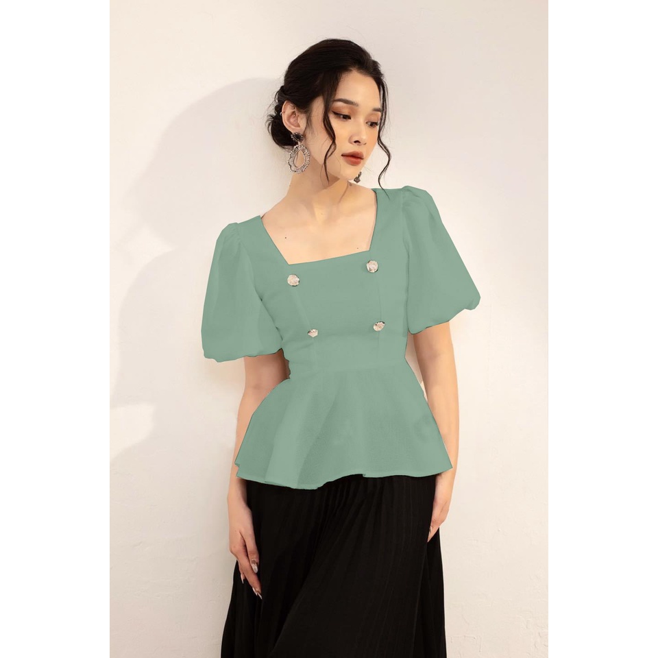 Áo Kiểu Nữ , Aó Peplum Nữ Bigsize Cổ Vuông Tay Phồng Phối Nút Chất Chéo Nhung Che Khuyết Điểm Cho Người Mập 50.90kg -HT