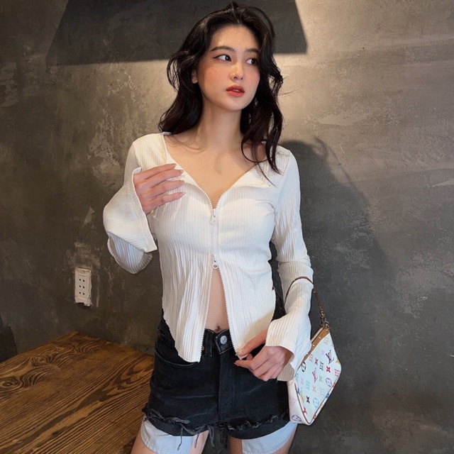 Áo croptop nữ tay dài HHVINTAGE kiểu dây kéo co giãn Top A35