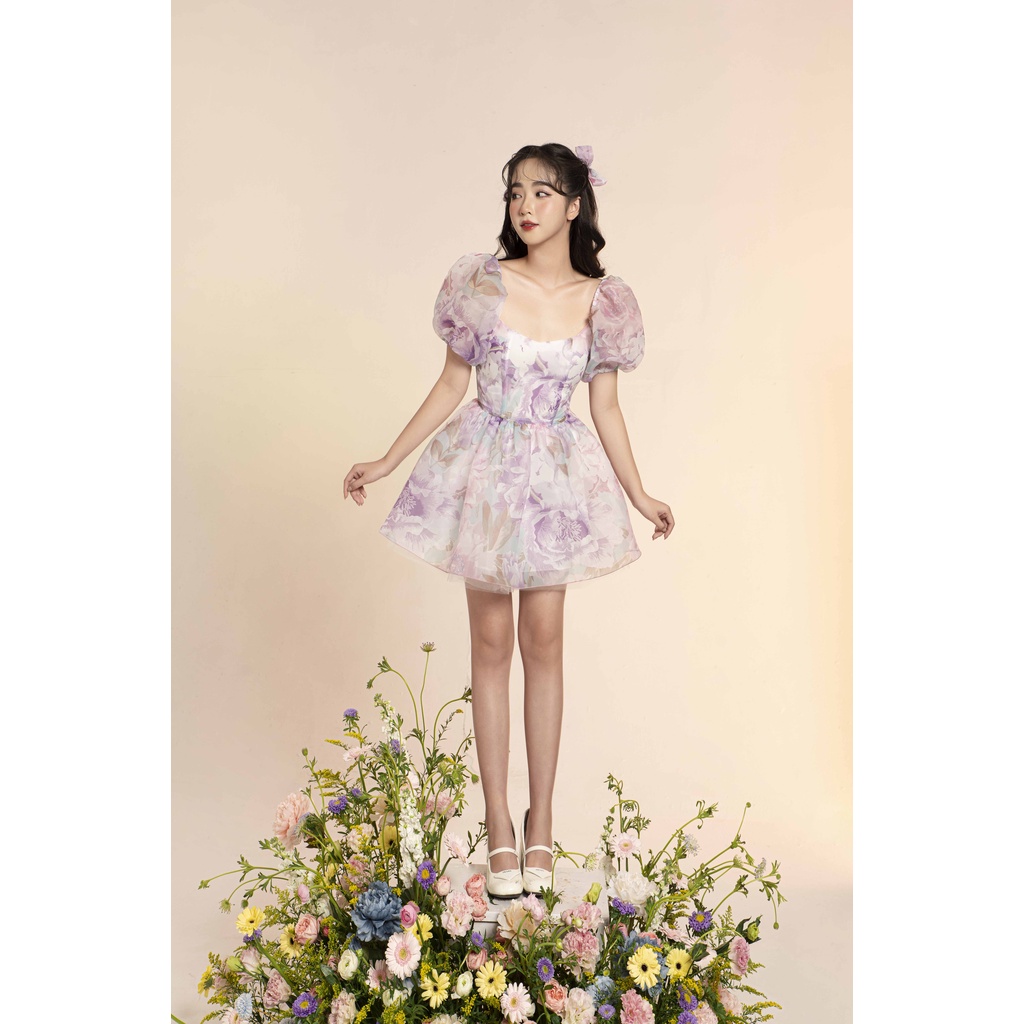 Váy ngắn tay bồng chát liệu organza in hoa The Peachy- Orianna Dress