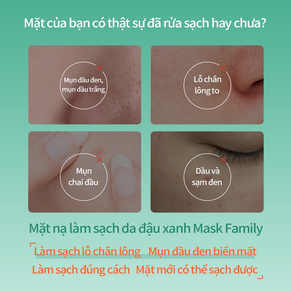 MASK FAMILY Mặt nạ đất sét dạng bùn đậu xanh làm trắng da sạch lỗ chân lông loại bỏ mụn đầu đen chăm sóc da mặt 130g