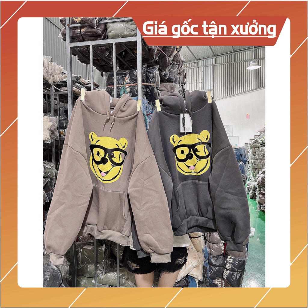 Áo hoodie basic hoa văn hình gấu vàng cute dáng rộng unisex vải nỉ cotton dày