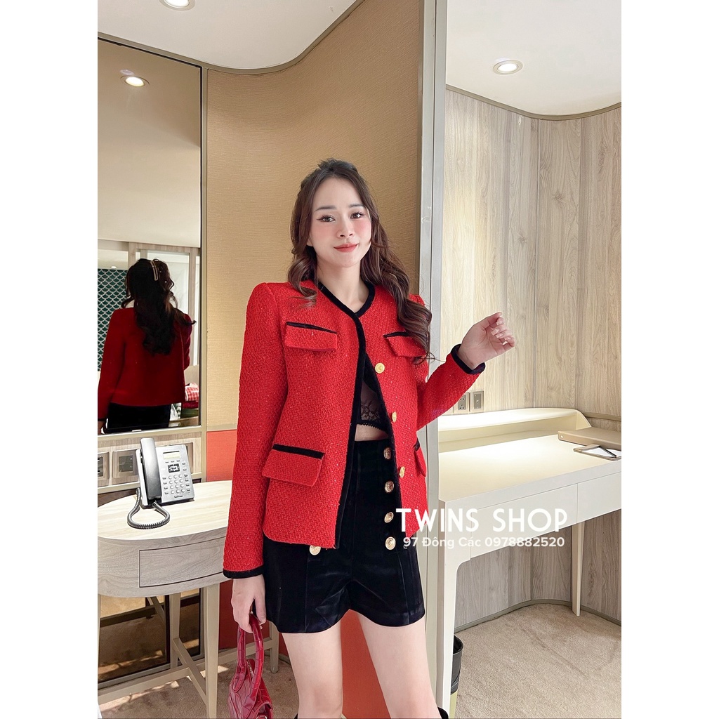 Áo khoác dạ tweed đỏ bling thiết kế by Twins (Mariana tweed coat )