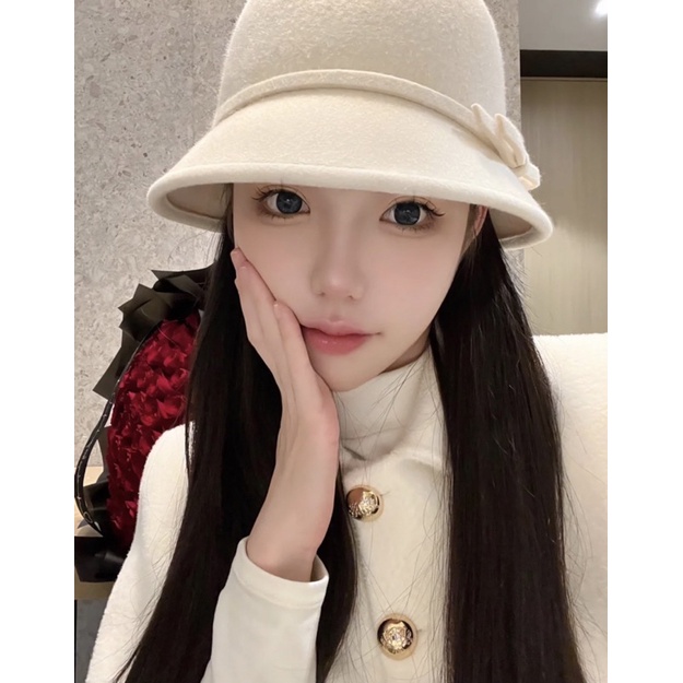 Mũ vành dạ Hàn nơ nhỏ cao cấp màu trắng cho nữ