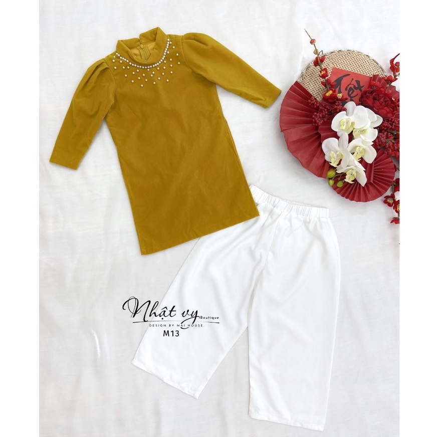 Set Áo Dài Bé Gái NHẬT VY Đính Hạt Tay Dài Chất Nhung kèm Quần Xinh Xắn Dễ Thương Màu Đỏ, Vàng, Hồng - M13