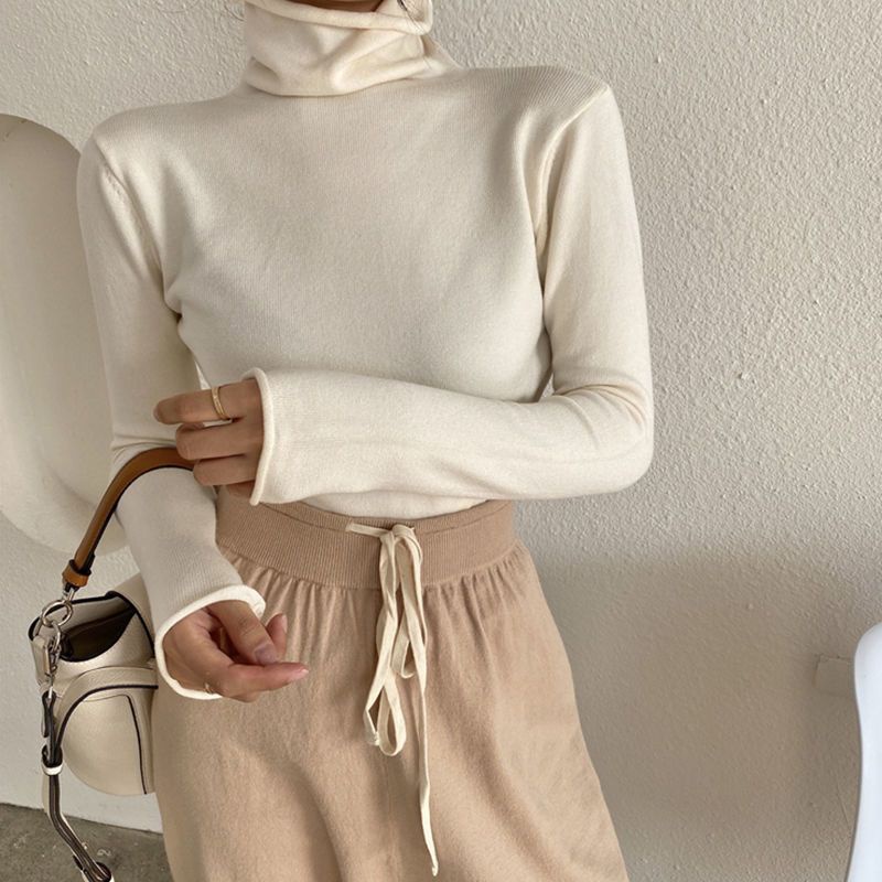 Áo Thun Tay Dài Cổ Cao Màu Trơn Lót Lông Cừu Thời Trang Hàn Quốc Xinh Xắn Cho Nữ