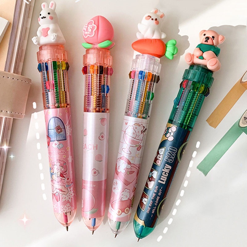 1 Bút Bi / 10 Lõi Thay Đổi Màu Sắc Hình Thỏ / Gấu Hoạt Hình Đáng Yêu