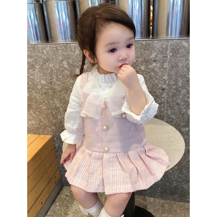 VÁY YẾM DẠ TWEED LIỀN ÁO VOAN TRẮNG ĐÍNH NƠ CHO BÉ- HÀNG QCCC