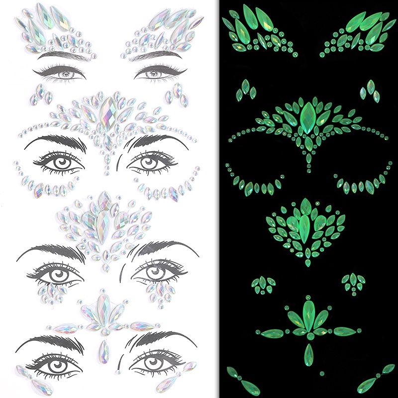Miếng Dán Trang Trí Mặt Và Lông Mày Họa Tiết Kim Cương Phát Quang Độc Đáo