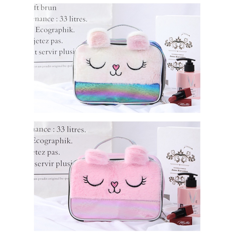 Túi Bông Đựng Mỹ Phẩm Có Khóa Kéo Họa Tiết Hoạt Hình Dễ Thương